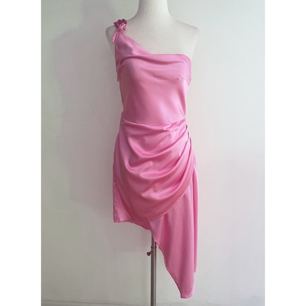 Nwt Silk Maison Pink One Shoulder Draped Asymmetrical Ruched Silk Mini Dress Xs — image 2 of 8